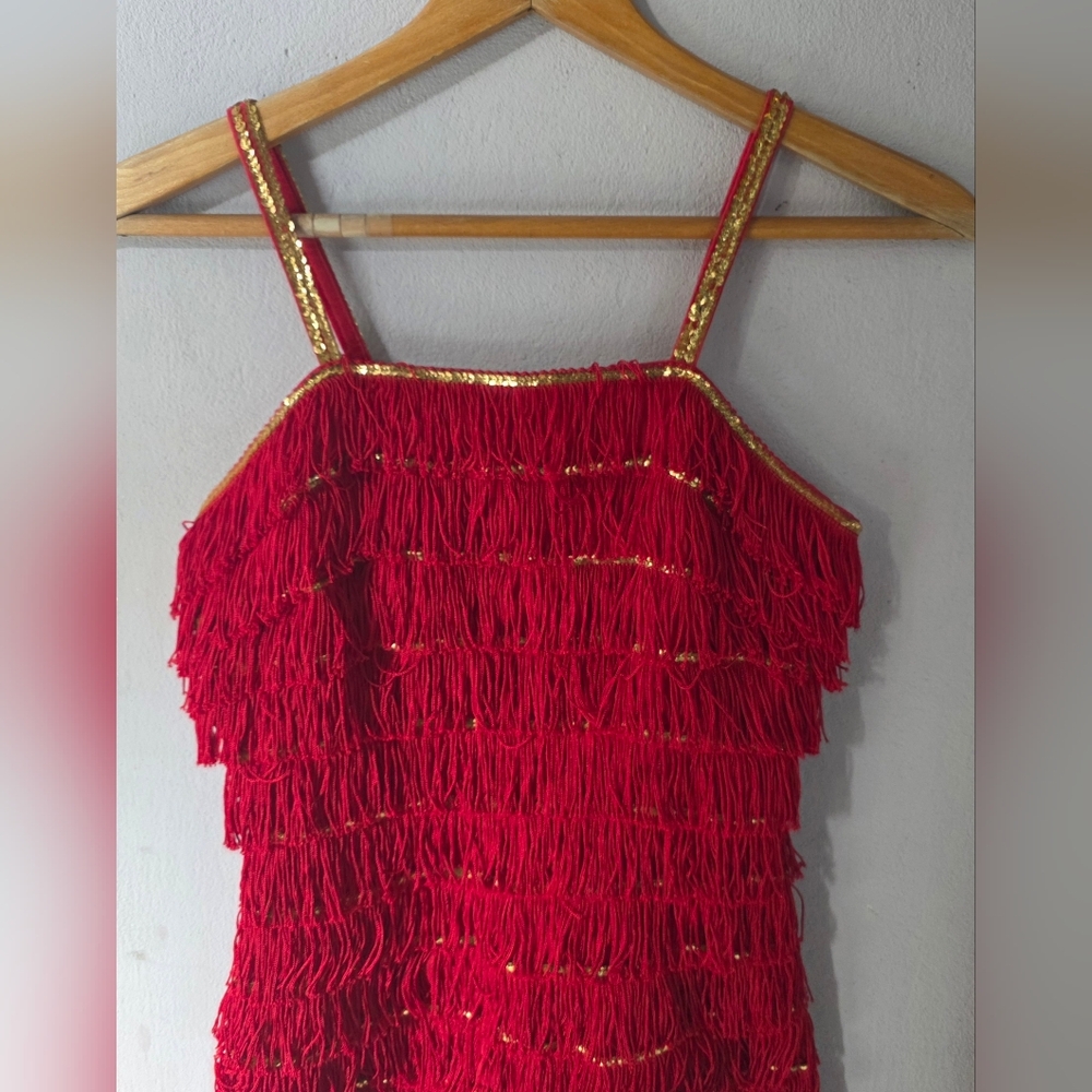VTG Fringe Dress, 1960s Handmade- Sculpted Red Fringe & Sequin Cocktail Festival